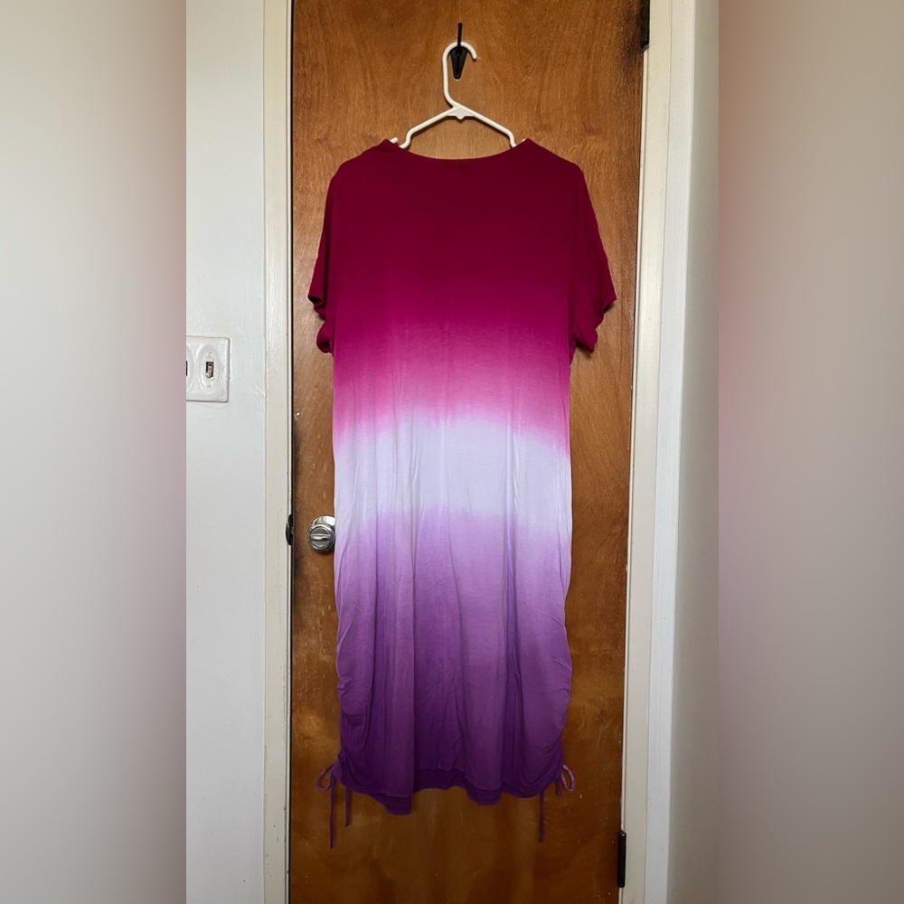 Lane Bryant pink/purple short sleeve maxi dress EUC 18/20 bottom side cinch ties - Picture 2 of 8